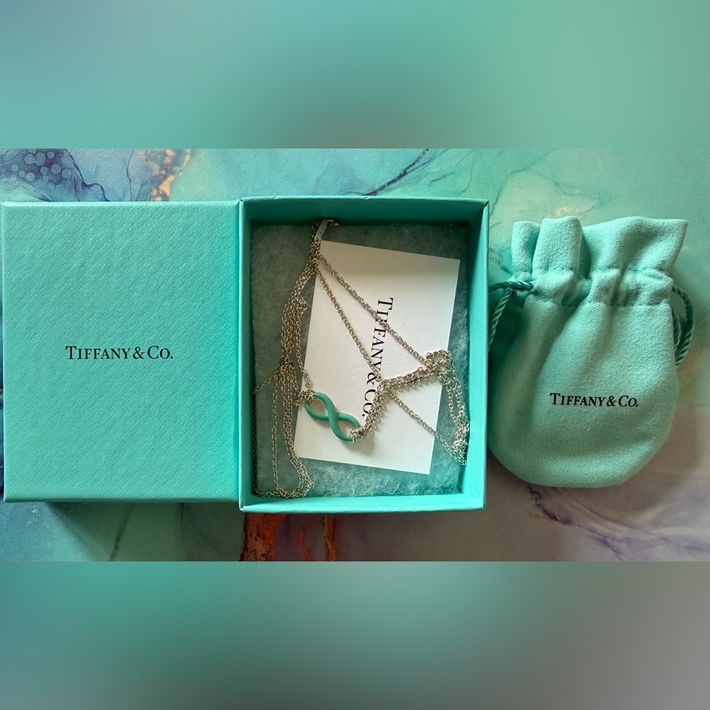 Tiffany & Co Blue Enamel Infinity Double Chain Necklace 18in 925 RETIRED